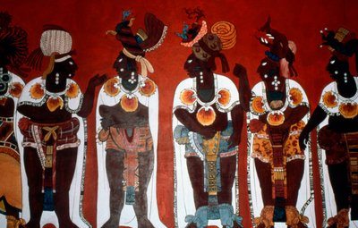 Reproduction of a mural showing noble men dressed for a ceremony, from the Temple of Murals, Bonampak by Mayan